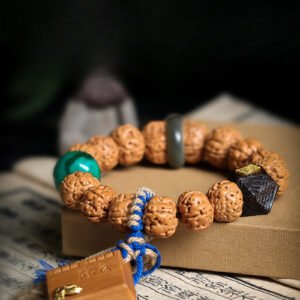 Buddha jewelry:The Nepalese Rudraksha Prayer Bead Bracelet, a Tibetan ethnic-style women’s accessory, features sacred Rudraksha beads paired with Tibetan silver spacers, turquoise/coral accents, and traditional knotwork. Revered for spiritual properties, the beads are complemented by symbols of Himalayan culture, crafted by hand for an artisanal touch. Designed for women, it balances elegance with practicality, serving as both a devotional tool and a stylish accessory that honors Tibetan heritage.