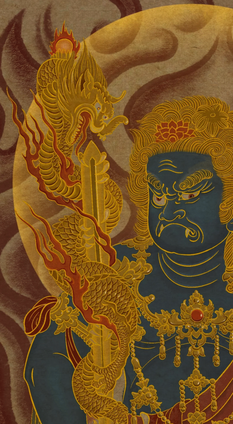 Acala Bodhisattva, also known as Fudō Myō-ō in Japanese Buddhism, is a revered figure in Esoteric Buddhism, celebrated as the embodiment of unshakable resolve, fierce compassion, and the power to overcome obstacles and negative forces. His name, derived from Sanskrit, means "immovable" or "unconquerable," reflecting his role as a guardian who remains steadfast in protecting practitioners from ignorance, greed, and delusion. In Buddhist iconography, Acala is depicted with a striking and intense appearance: a wrathful expression with furrowed brows and a third eye, symbolizing his ability to see through illusion. He typically wields a sword in his right hand, representing the cutting of ignorance, and a rope in his left hand, signifying the restraint of negative tendencies. His body is often surrounded by flames, which symbolize the purification of defilements through the fire of wisdom. Despite his fierce demeanor, his essence is rooted in compassion—his wrath is directed solely at the forces that hinder spiritual growth.