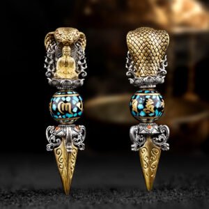 Buddha jewelry:The vintage Sakyamuni rotating turquoise bead vajra pendant features a serene depiction of Sakyamuni Buddha, a rotating turquoise bead, and a vajra structure. It harmoniously blends spiritual symbolism—representing enlightenment, protection, and mindfulness—with vintage charm and exquisite craftsmanship, resulting in a meaningful and distinctive accessory.