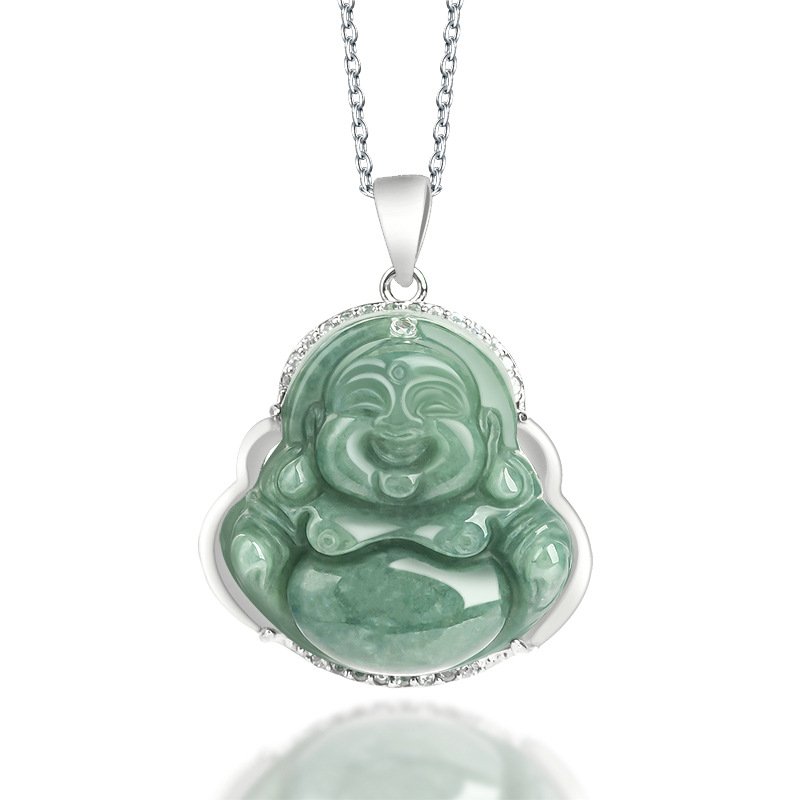 Buddha jewelry:Natural Jadeite Laughing Buddha Pendant - S925 Silver Inlaid Jade Women's Ornament - Image 6