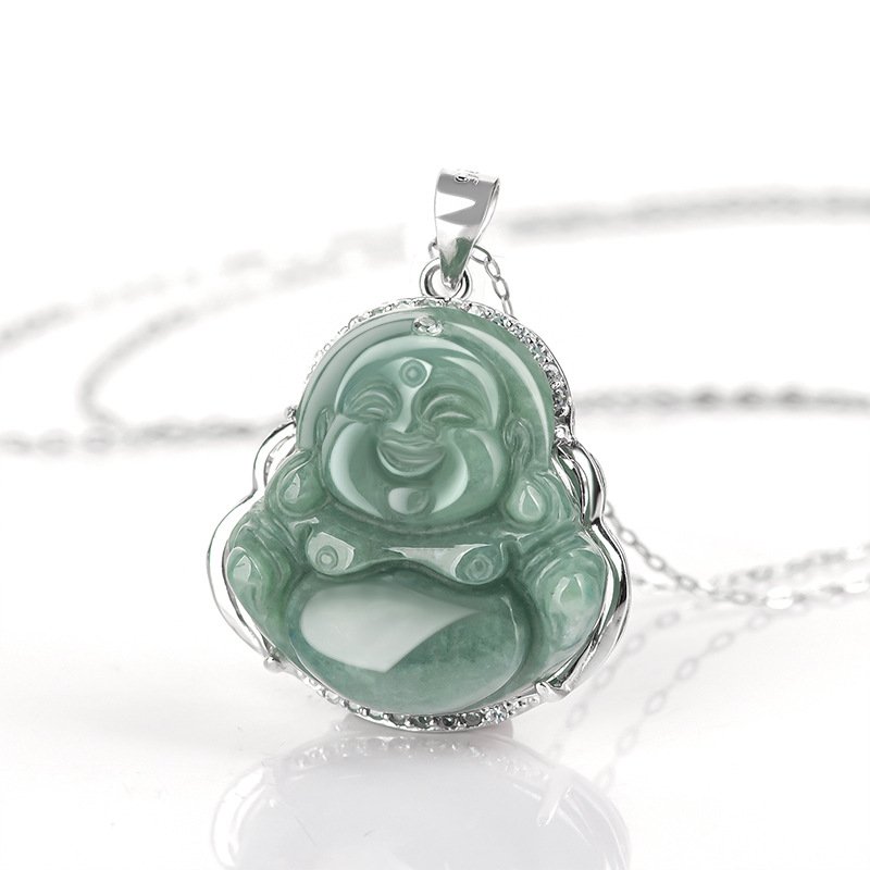 Buddha jewelry:Natural Jadeite Laughing Buddha Pendant - S925 Silver Inlaid Jade Women's Ornament - Image 5