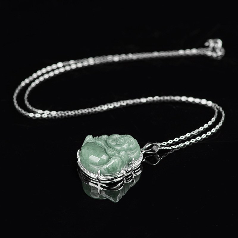 Buddha jewelry:Natural Jadeite Laughing Buddha Pendant - S925 Silver Inlaid Jade Women's Ornament - Image 4