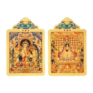 Buddha jewelry:The Chinese Zodiac Eight Great Guardian Deities Thangka Double-Sided Pendant features the Fifth Dragon Lord, set in a brass frame with gold leaf detailing. Its dual Thangka panels depict 12 zodiac animals and their corresponding Guardian Deities, symbolizing personalized protection, prosperity, and spiritual guidance. Meticulously crafted, this piece blends sacred symbolism with artisanal excellence, serving as both a spiritual amulet and an elegant accessory.