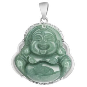 The Natural Jadeite Laughing Buddha Pendant, an S925 silver inlaid jade female pendant, features a laughing Buddha carved from natural jadeite, set in a delicate S925 silver frame. Natural jadeite brings elegance and purity, while the laughing Buddha symbolizes joy and abundance. With exquisite craftsmanship, this pendant is not only a beautiful accessory for women but also a carrier of good fortune, suitable for various occasions and daily wear.