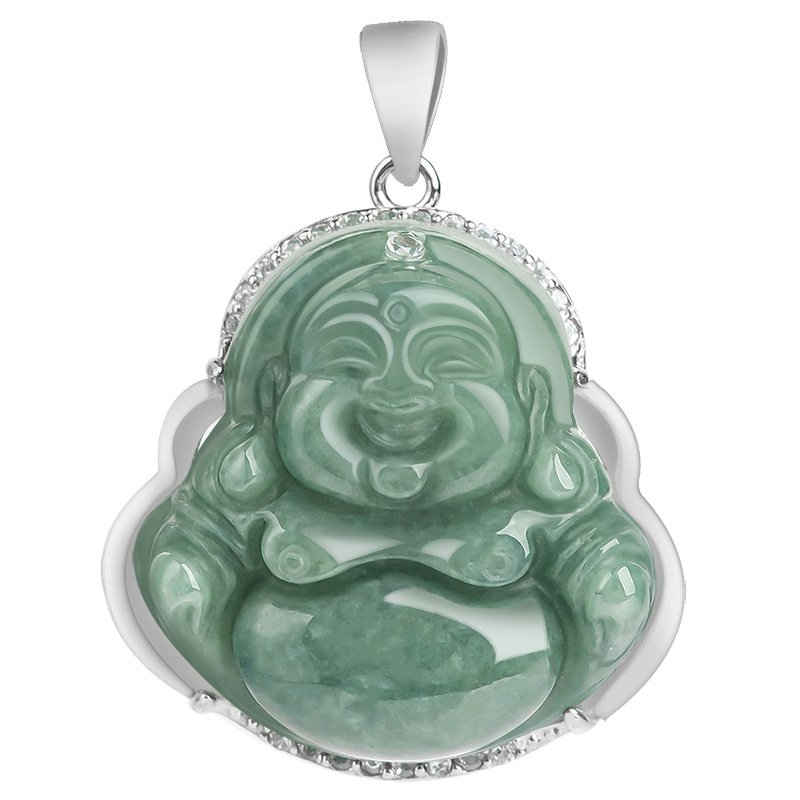 The Natural Jadeite Laughing Buddha Pendant, an S925 silver inlaid jade female pendant, features a laughing Buddha carved from natural jadeite, set in a delicate S925 silver frame. Natural jadeite brings elegance and purity, while the laughing Buddha symbolizes joy and abundance. With exquisite craftsmanship, this pendant is not only a beautiful accessory for women but also a carrier of good fortune, suitable for various occasions and daily wear.